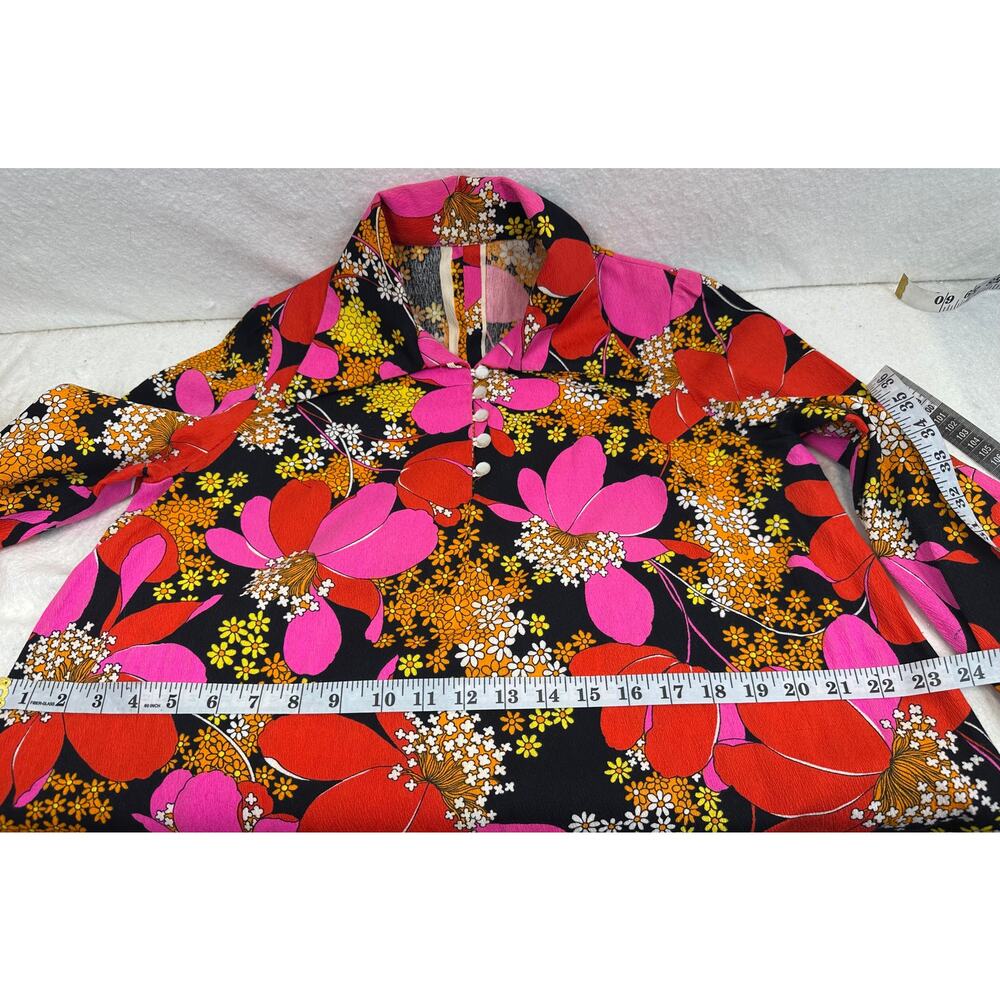Vintage 60's 70's Mod Floral Shirt Dress Rock Bold Pointed Collar SZ L Retro - Picture 11 of 12